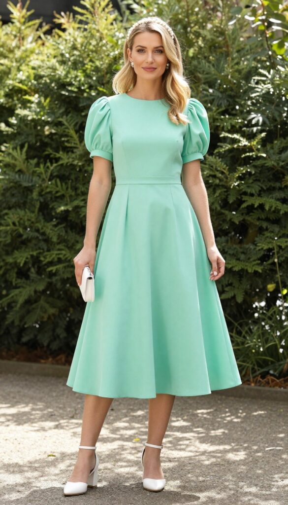 Woman in mint green tea-length puff sleeve dress with white block heels and pearl headband in garden