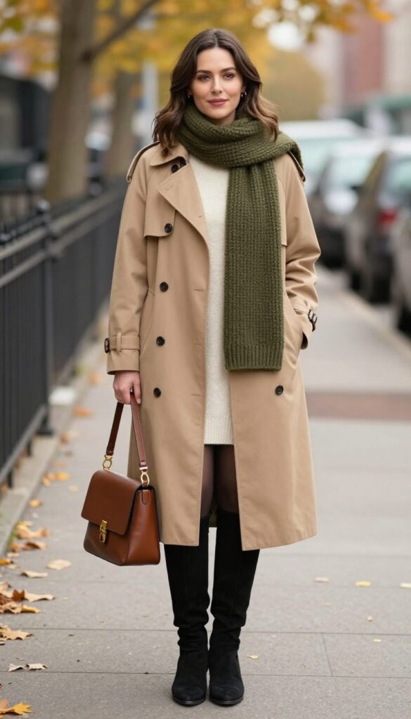 15. Trench Coat with a Sweater Dress and Tall Boots