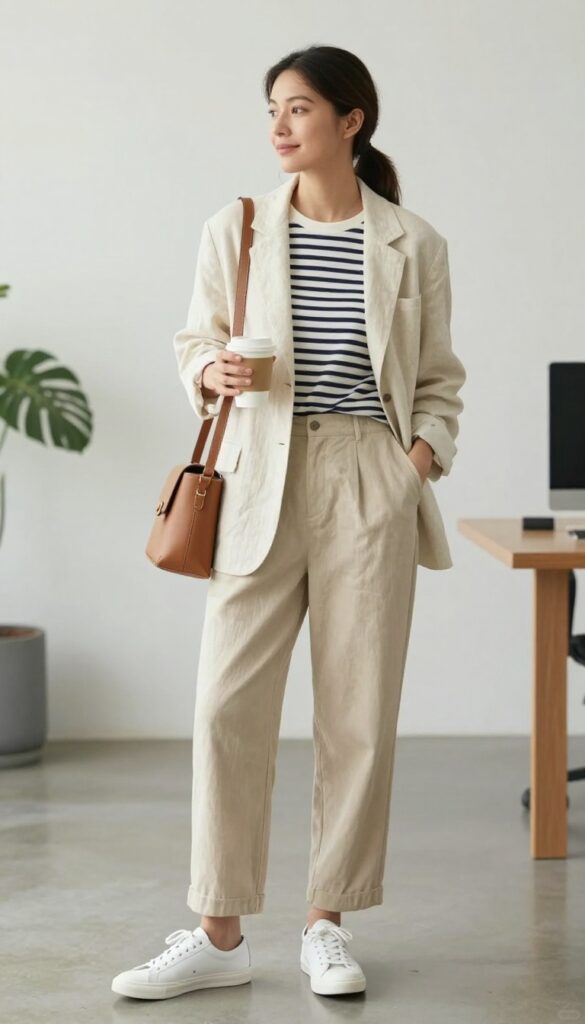 1. Cream Blazer + Striped Tee + Wide-Leg Trousers