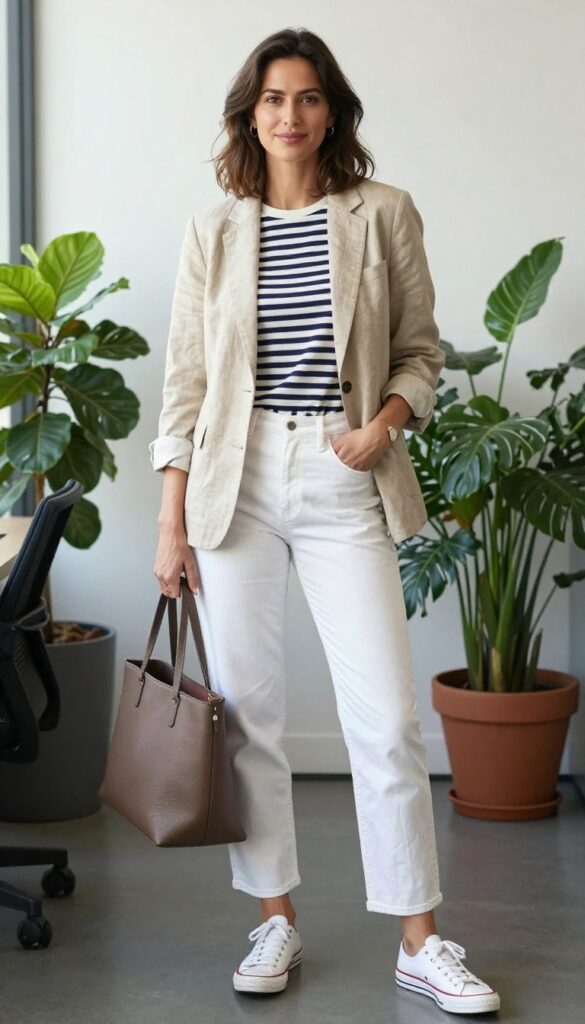 13. Linen Blazer + Striped Tee + White Jeans + Canvas Sneakers
