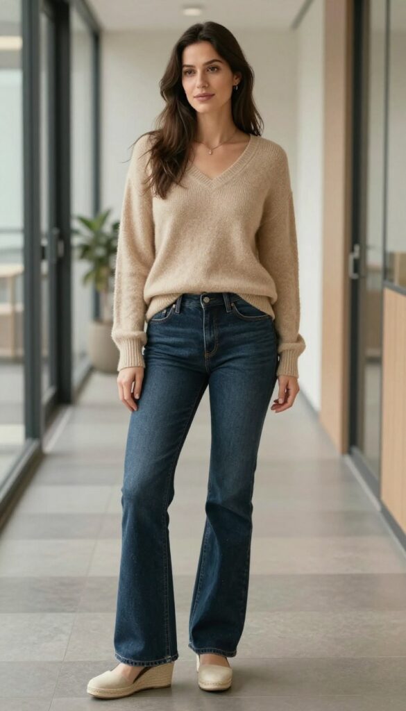 14. V-Neck Sweater + Flared Jeans + Wedges