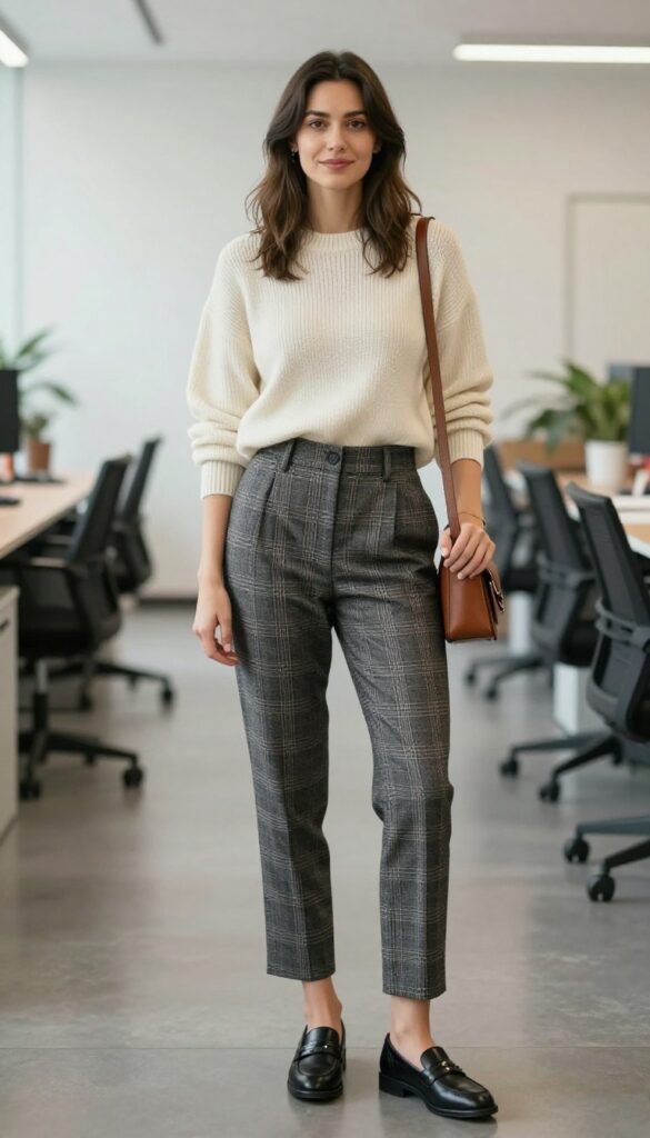 9. Plaid Trousers + Cropped Sweater + Loafers