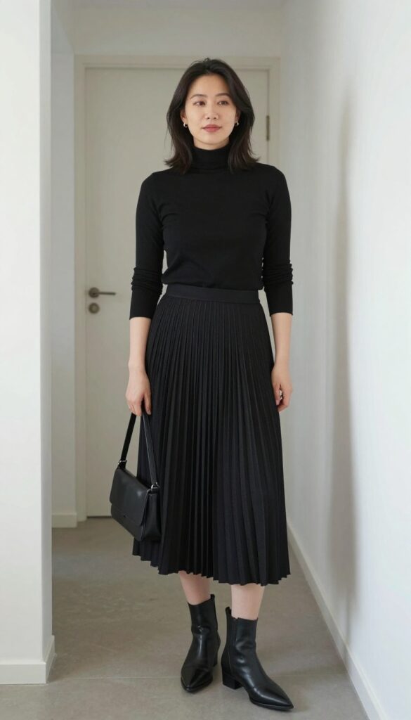 3. Black Turtleneck and Pleated Skirt