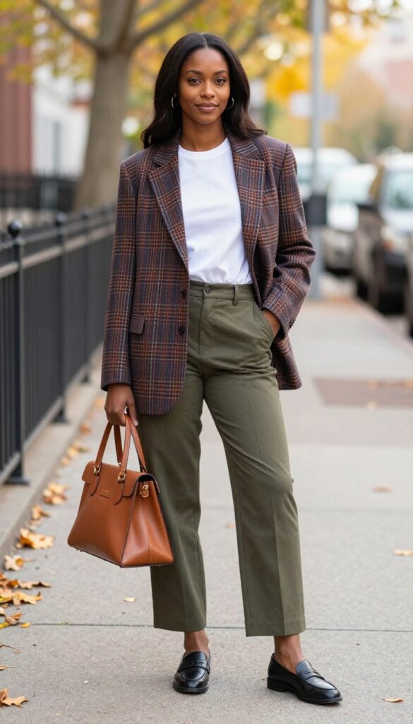 3. Plaid Blazer + White Tee + Wide-Leg Trousers + Loafers