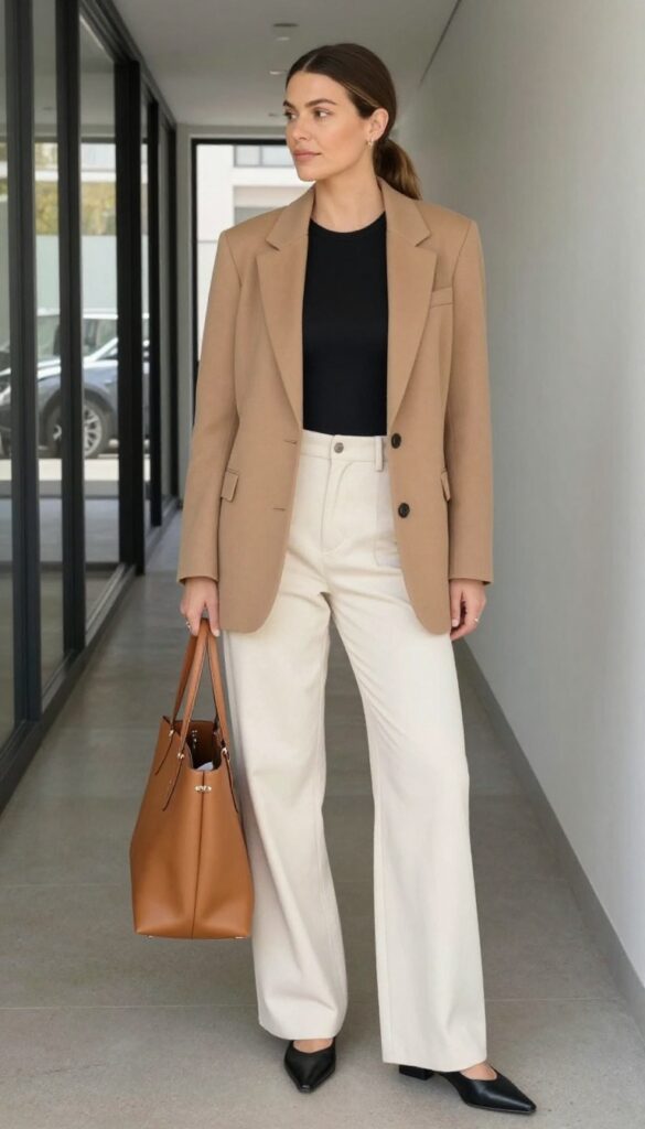 6. Blazer + Bodysuit + High-Waisted Trousers + Pointed Flats