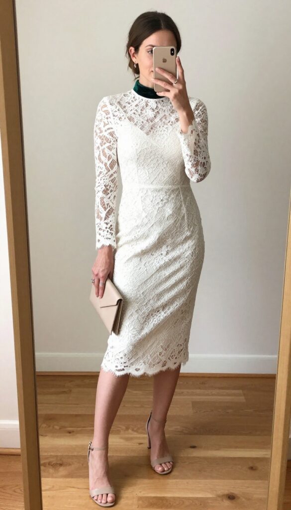 Young woman in white lace column dress with velvet choker, nude heels, and beige clutch, standing in softly lit room.