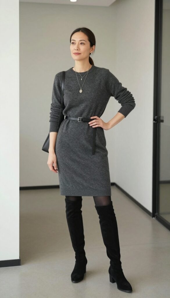 10. Gray Sweater Dress + Black Belt + Over-the-Knee Boots