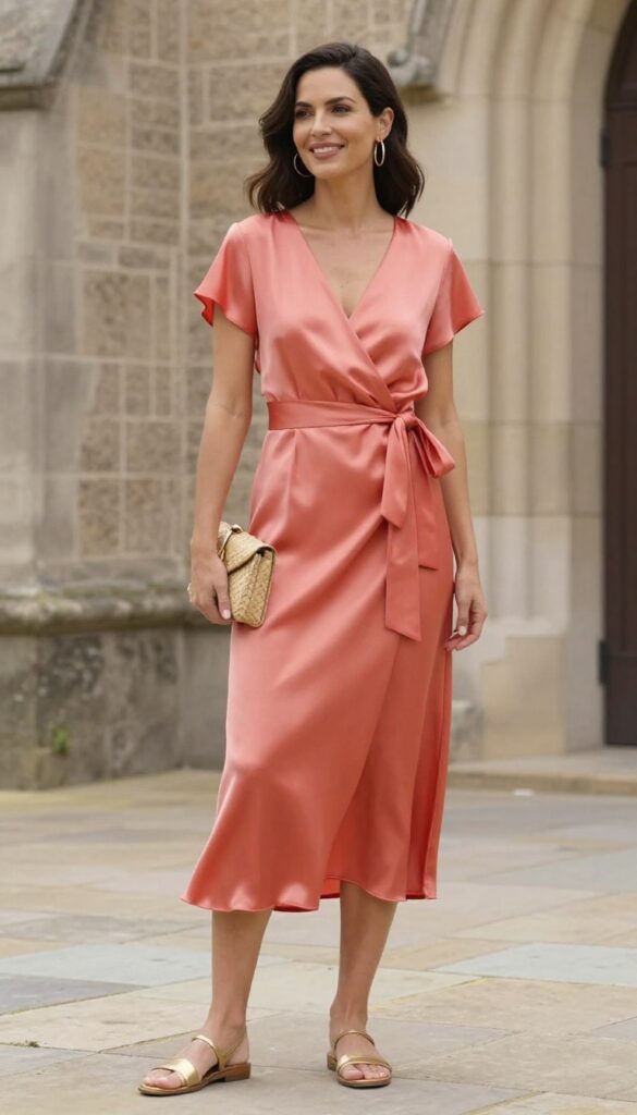 Woman in coral satin wrap dress and gold sandals in chapel courtyard
