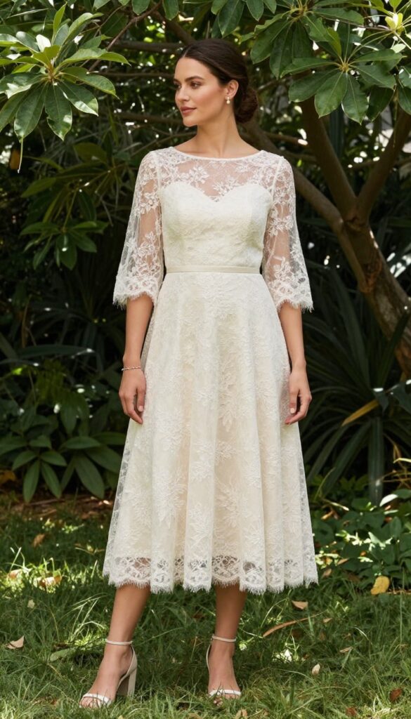 Woman in lace A-line wedding dress with illusion sleeves in garden
