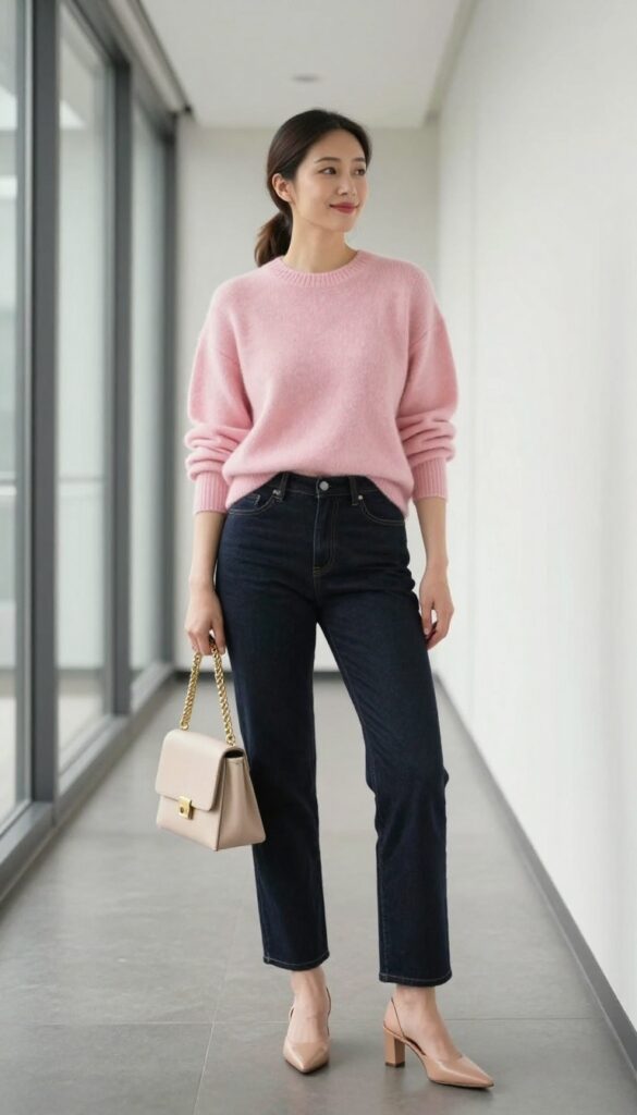 8. Cashmere Sweater + Straight-Leg Jeans + Heeled Mules