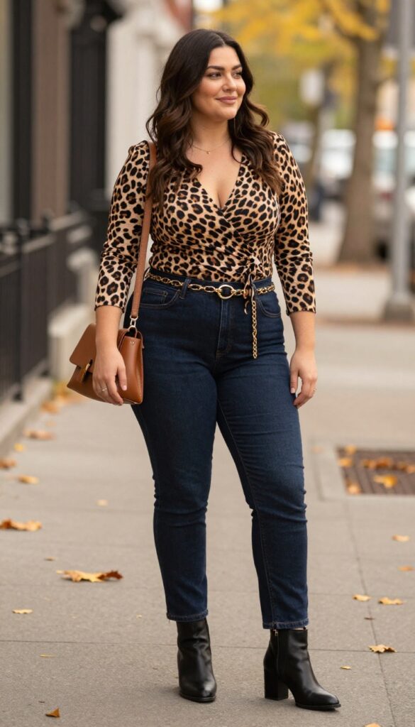 13. Wrap Top with High-Waisted Bootcut Jeans and Heeled Boots