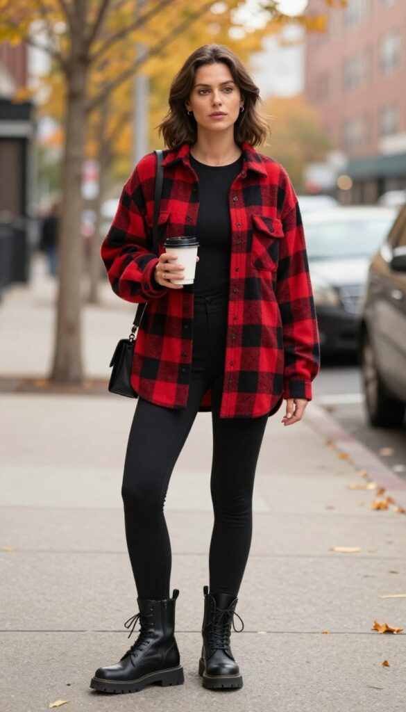 5. Flannel Shirt, Black Leggings, and Combat Boots