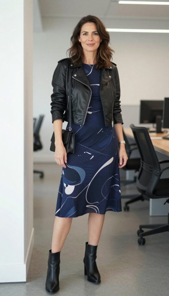 2. Printed Midi Dress with a Leather Jacket