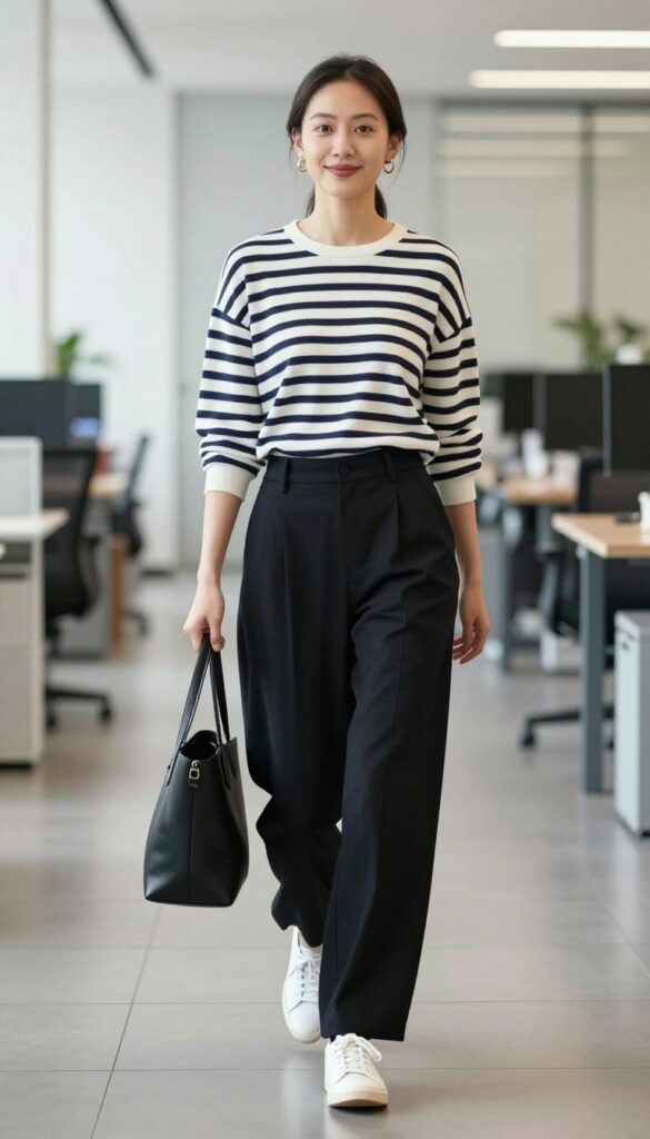 2. Striped Sweater + Black Trousers + White Sneakers