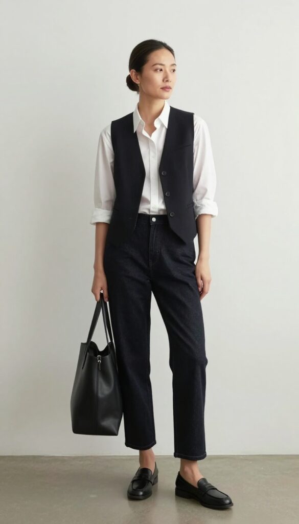 3. The Tailored Vest & Straight-Leg Jeans