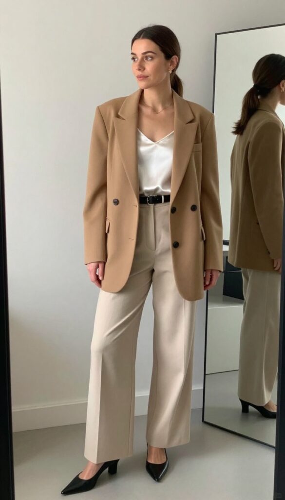 4. Oversized Blazer with a Belt and Wide-Leg Trousers