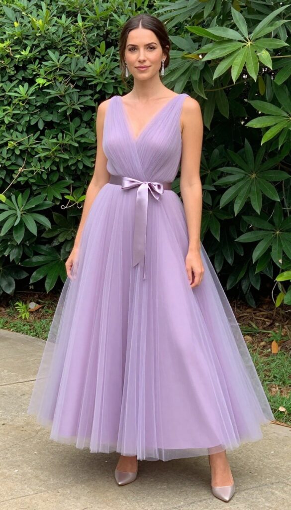 Adult woman in a lavender ball gown with tulle skirt, standing in a sunlit garden, wearing silver drop earrings and a low updo.
