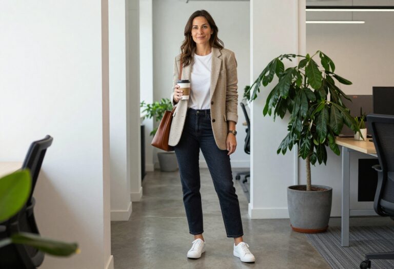 Woman in comfy casual work outfit with knit blazer, jeans, and sneakers in a bright office hallway.