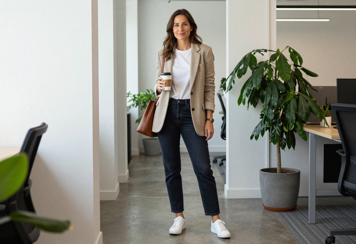 Woman in comfy casual work outfit with knit blazer, jeans, and sneakers in a bright office hallway.