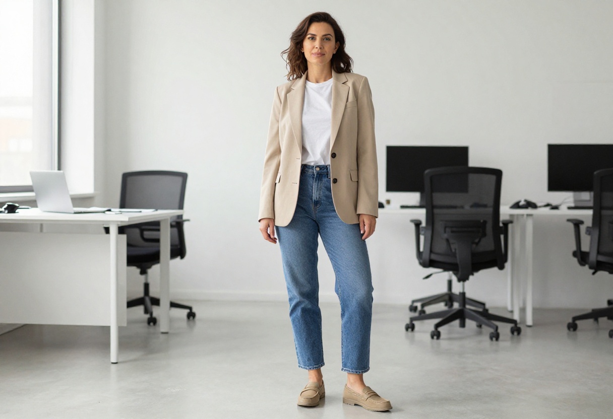 Woman wearing beige blazer with white tee and jeans in an office setting
