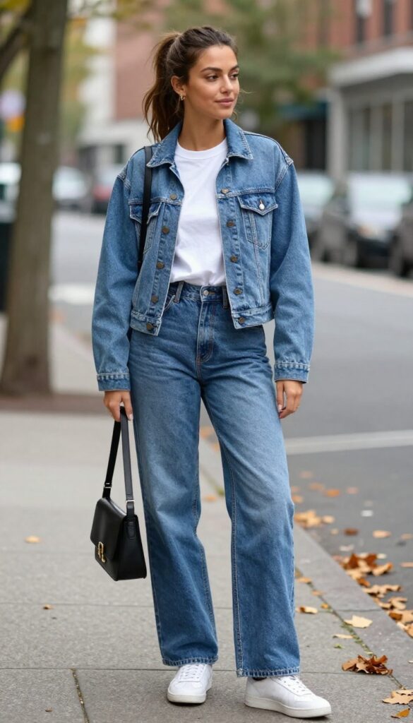 2. Denim Jacket and Wide-Leg Jeans