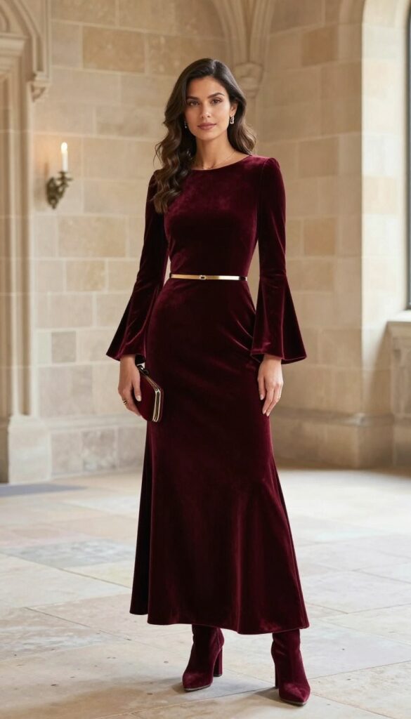 Woman in deep burgundy velvet gown with bell sleeves and gold belt in castle hall