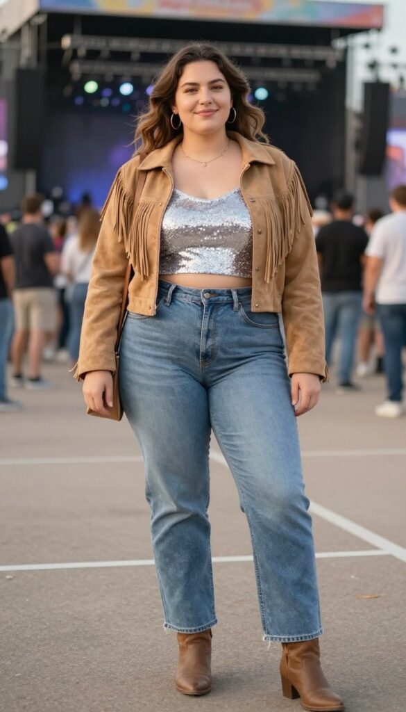 5. High-Waisted Jeans with a Sparkly Crop Top and a Fringe Jacket
