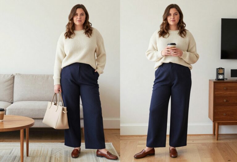 Plus size woman in cream cashmere sweater and navy wide-leg trousers, old money quiet luxury style