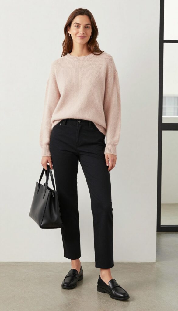 4. Soft Blush Sweater + Black Straight-Leg Pants + Loafers