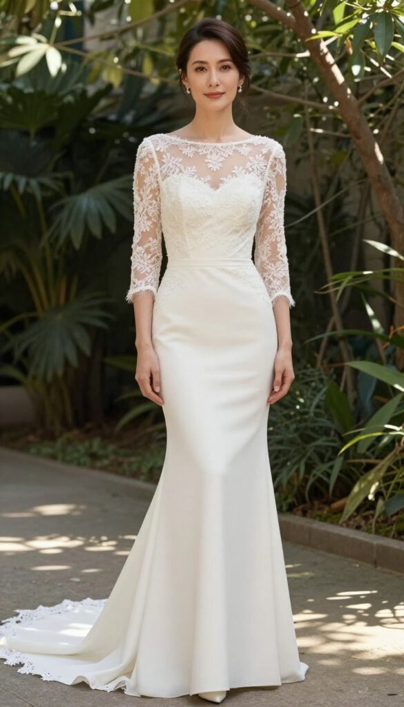 Bride in mermaid wedding dress with detachable sleeves in garden