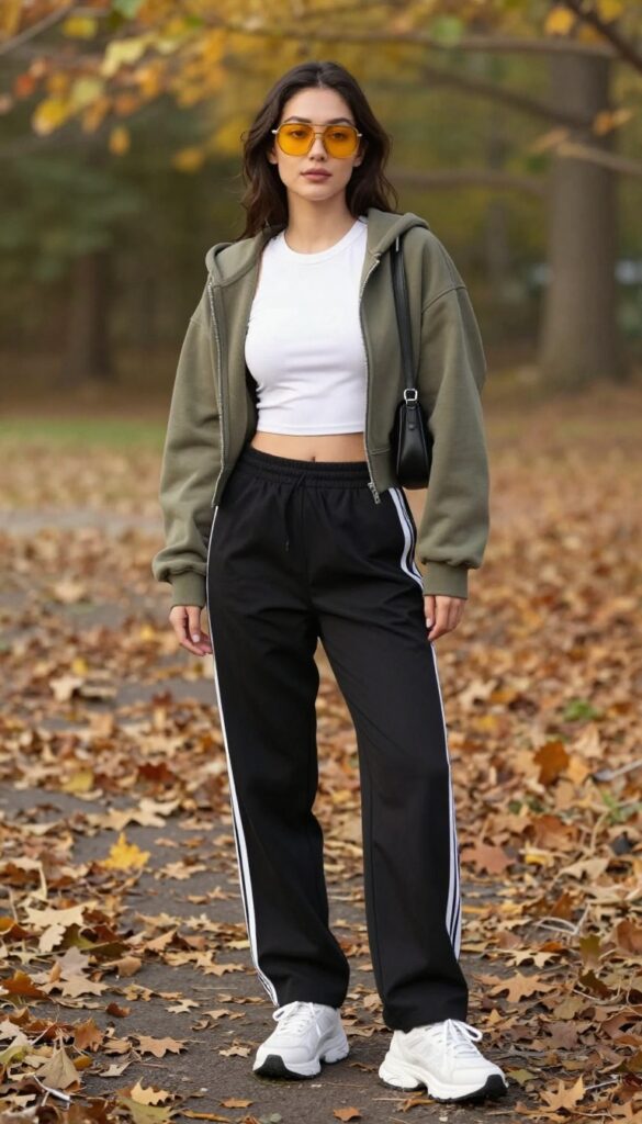 10. Track Pants with a Crop Top and a Zip-Up Hoodie