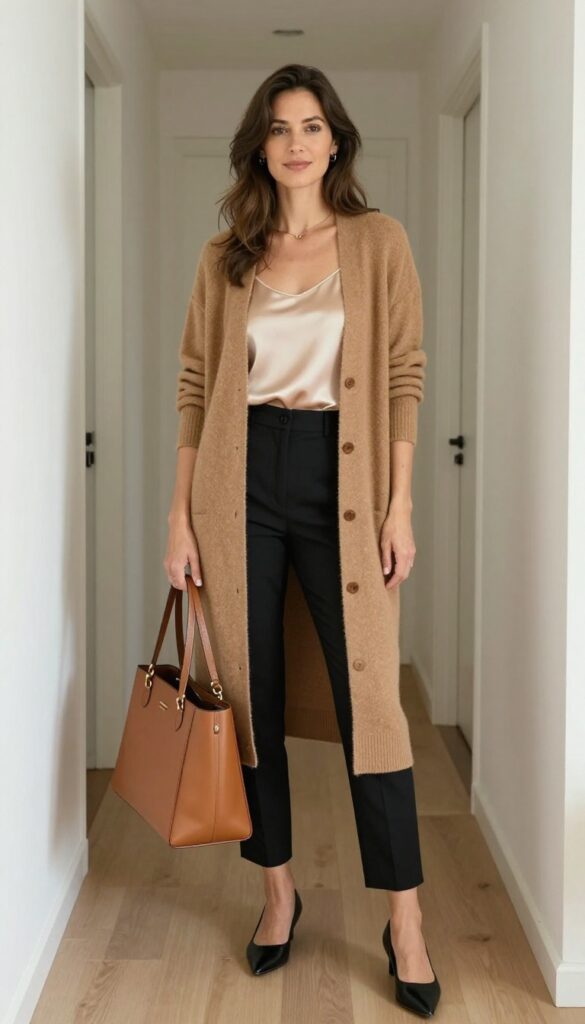 4. Long Cardigan + Silk Camisole + Tailored Trousers + Pointed Flats