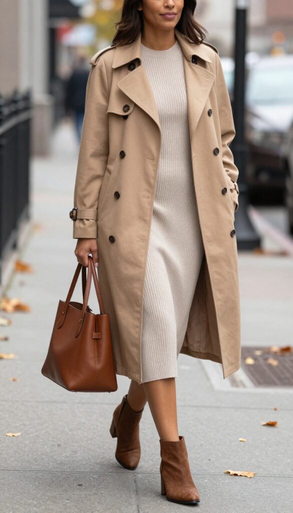 2. Trench Coat Over a Midi Dress