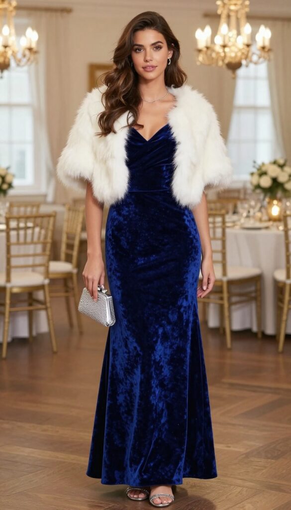 4. Winter Ballroom Glam: Royal Blue Velvet Gown with Silver Heels