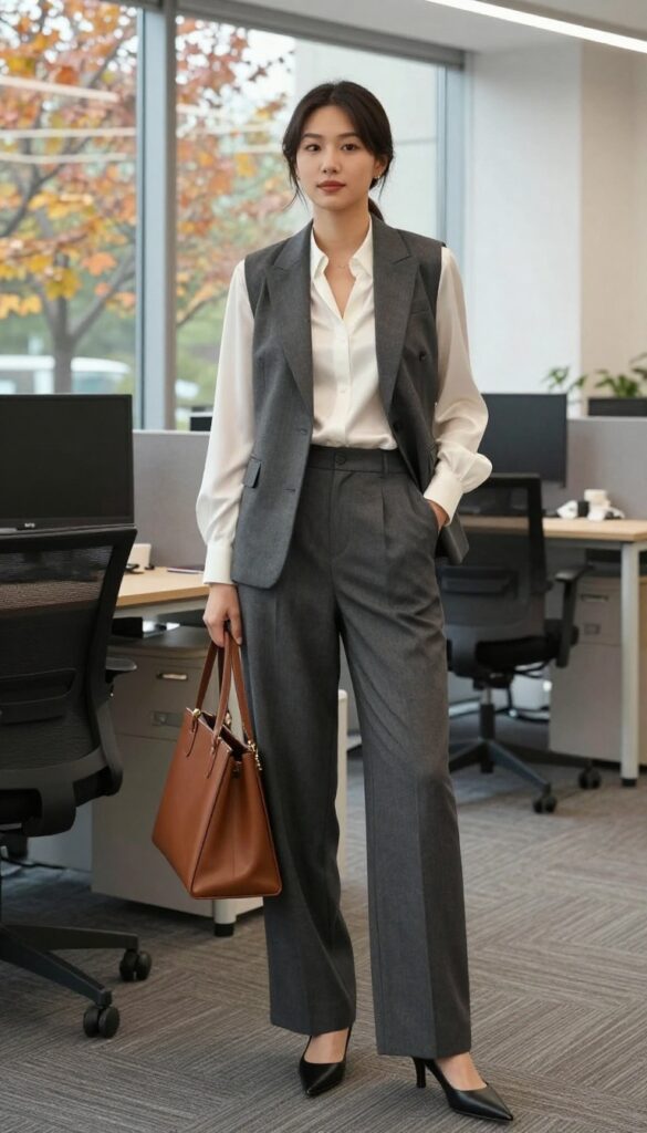 15. Suit Vest + Blouse + Wide-Leg Trousers + Pointed Toe Heels