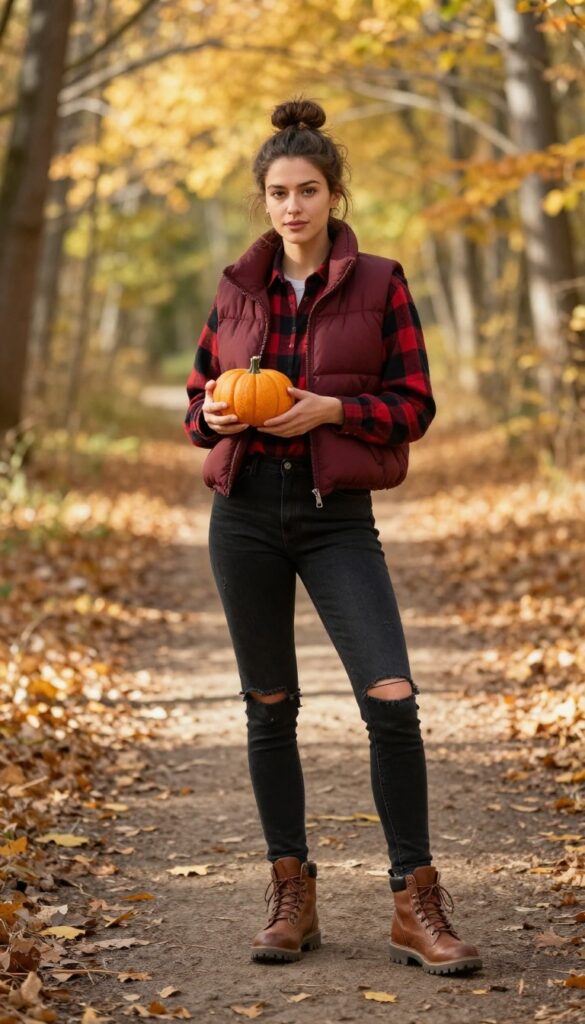 7. Burgundy Puffer Vest + Flannel Shirt + Ripped Jeans + Hiking Boots