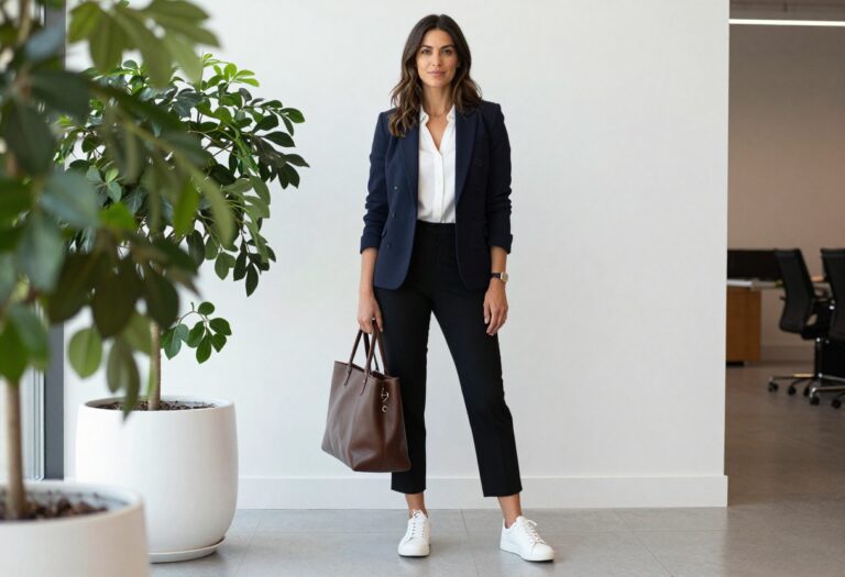 Woman in tailored trousers, blazer, and white sneakers in a modern office hallway