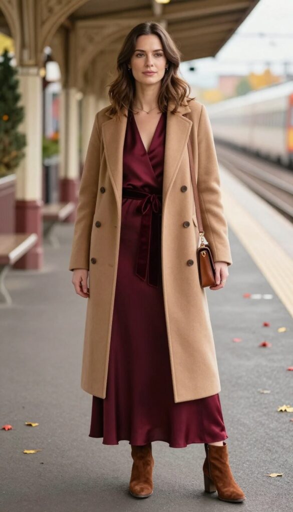 Woman in burgundy silk gown with velvet belt, camel coat, and ankle boots on autumn train platform
