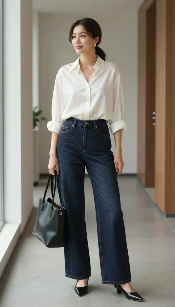 7. Silk Blouse + Wide Leg Jeans + Pointed Flats
