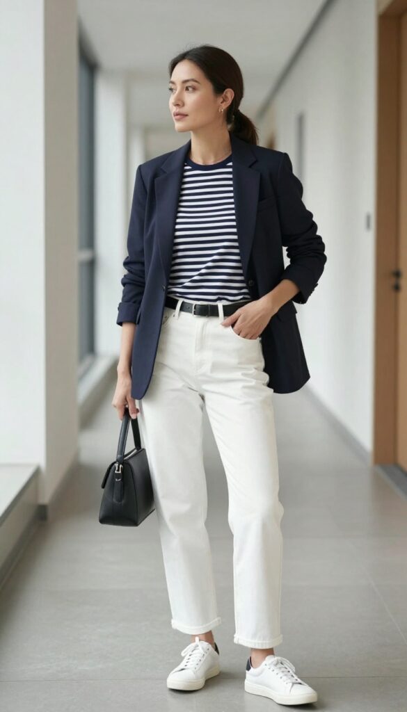15. Blazer + Striped Tee + White Jeans + Belt Bag