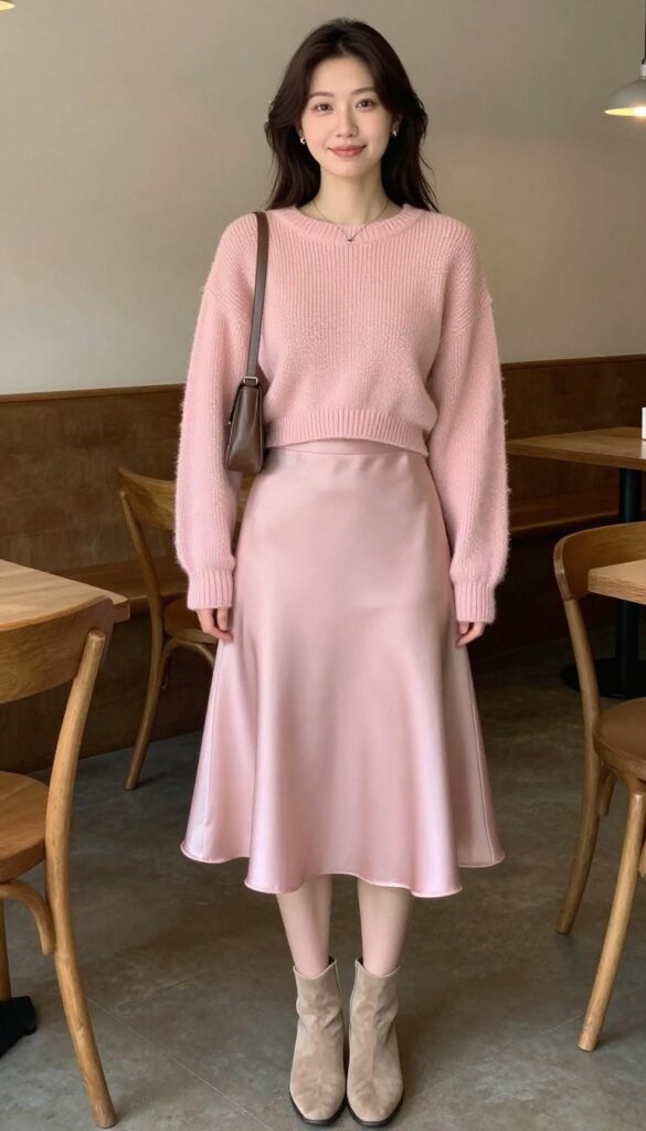 Woman in pastel pink cropped sweater and matching satin A-line skirt, heeled booties, crossbody bag, standing in a cozy cafe