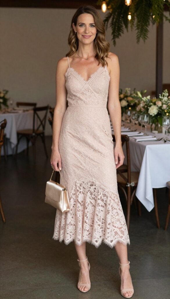 Young adult woman with fair skin and light brown hair wearing a blush lace slip dress, nude heels, and champagne clutch in a warmly lit reception venue.