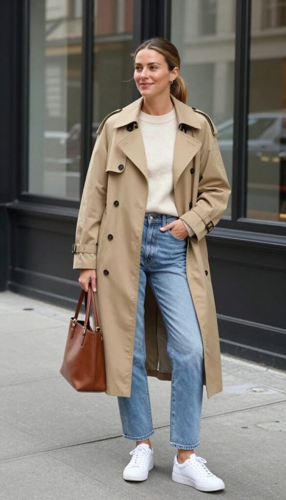 12. Trench Coat + Light Wash Jeans + Sneakers