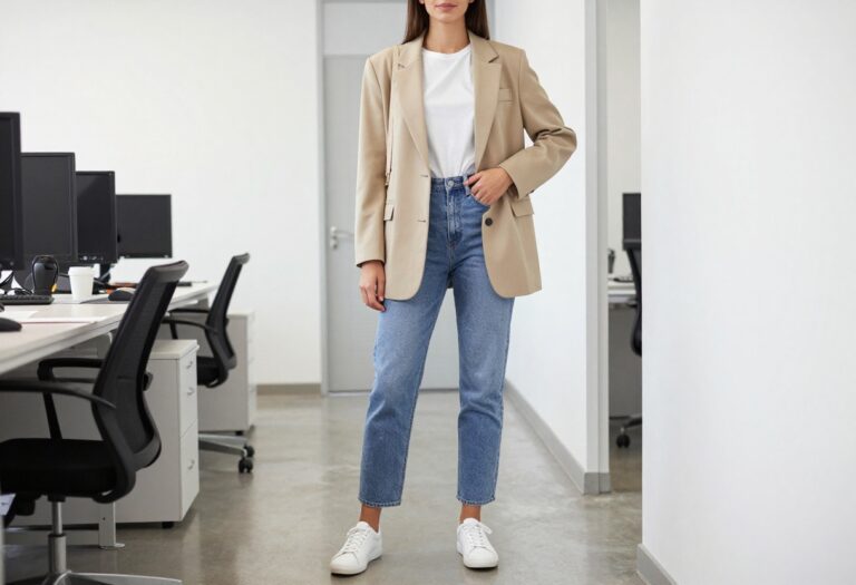 Young woman in blazer, jeans, and sneakers standing in a modern office hallway.