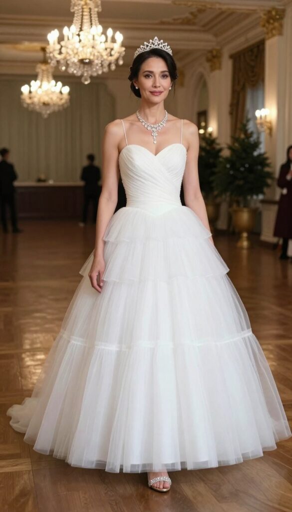 Woman in Serena Williams-inspired tiered tulle ballgown with fitted bodice, crystal tiara, and statement necklace in grand ballroom