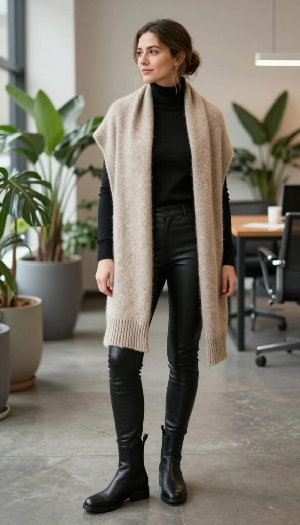 10. Turtleneck + Leather-Look Leggings + Oversized Scarf