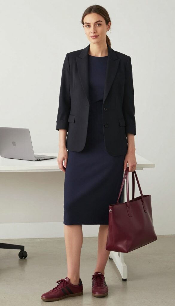 6. A-Line Dress + Blazer + Colorful Sneakers