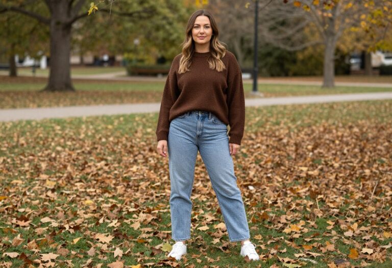 Woman in brown sweater and jeans standing in autumn park