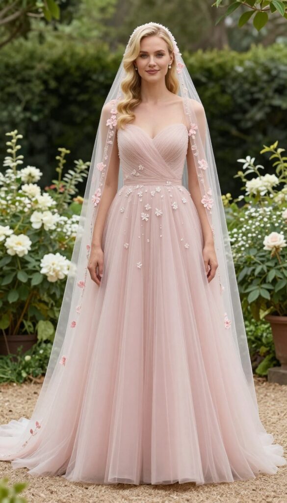 Bride in pink rose gold tulle wedding dress with floral embroidered veil and bare shoulders in sunlit garden