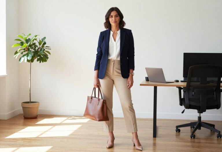 Woman in navy blazer and beige trousers standing in modern office